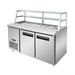 Stainless steel refrigerated counter with glass top on a white background