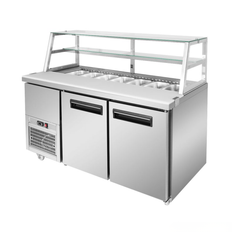 Stainless steel refrigerated counter with glass top on a white background