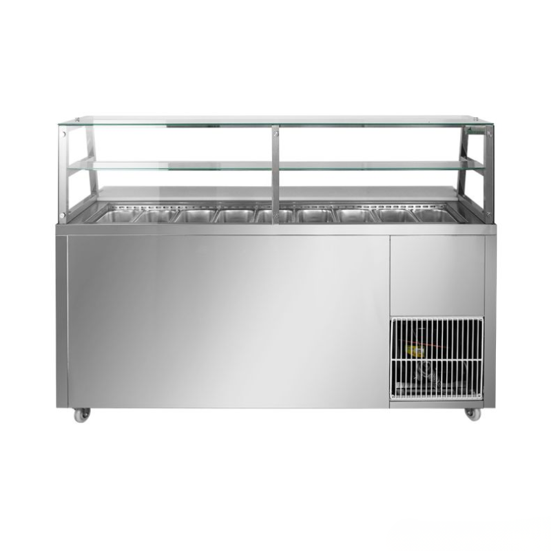 Stainless steel food display case with glass top on a white background