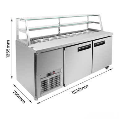 Stainless steel refrigeration unit with dimensions labeled on a white background