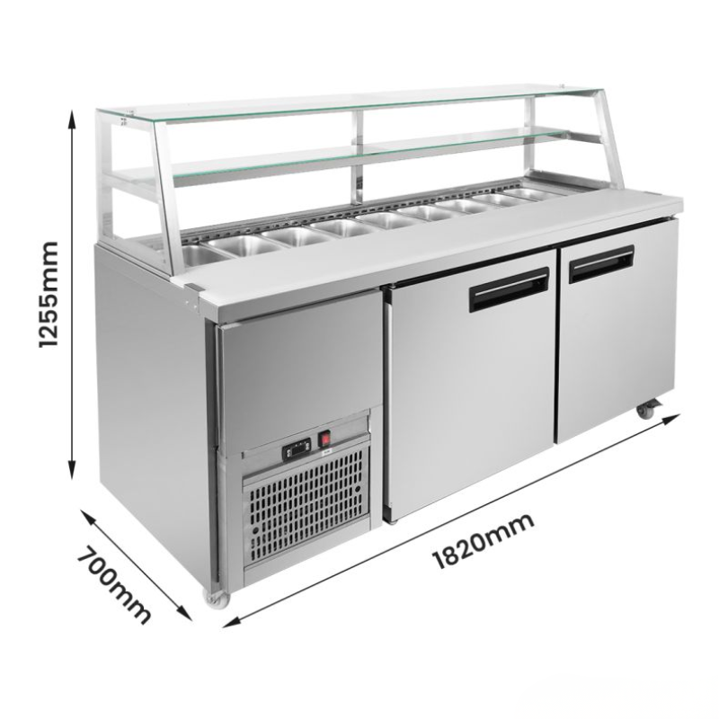 Stainless steel refrigeration unit with dimensions labeled on a white background