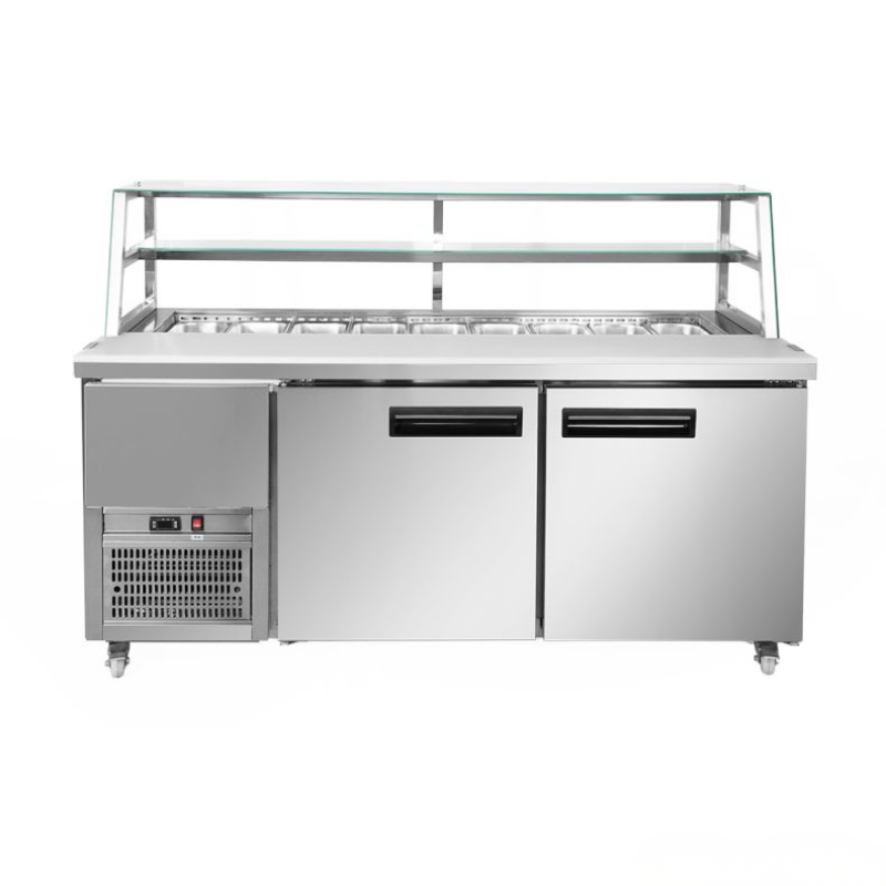 Stainless steel refrigeration unit with glass display case on a white background