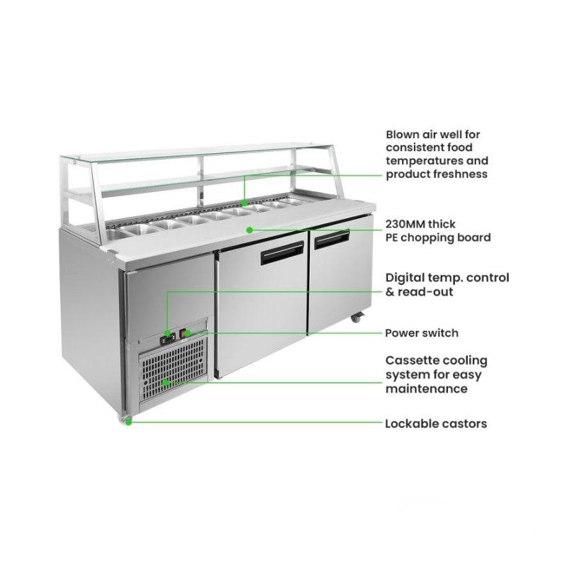 Commercial refrigeration unit with features highlighted on a white background