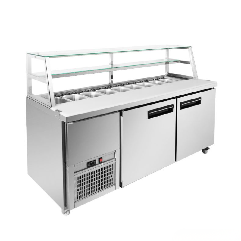Commercial refrigeration unit with glass display top on a white background