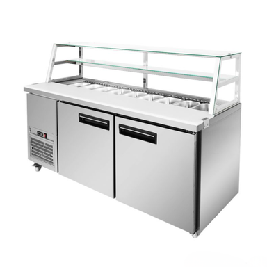 Stainless steel refrigerated display case with glass top on a white background