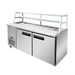 Stainless steel refrigerated display case with glass top on a white background
