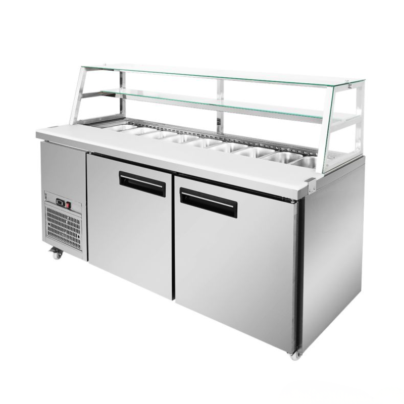 Stainless steel refrigerated display case with glass top on a white background
