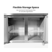 Stainless steel storage unit with shelves and text about flexible storage space.