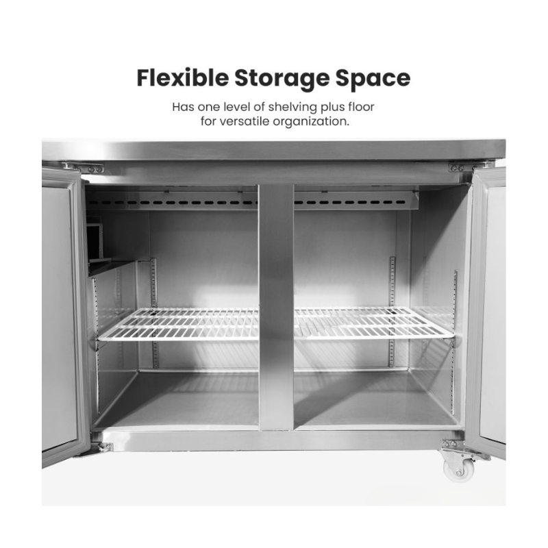 Stainless steel storage unit with shelves and text about flexible storage space.