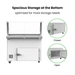 Stainless steel prep table with open and closed door views, emphasizing spacious storage at the bottom.