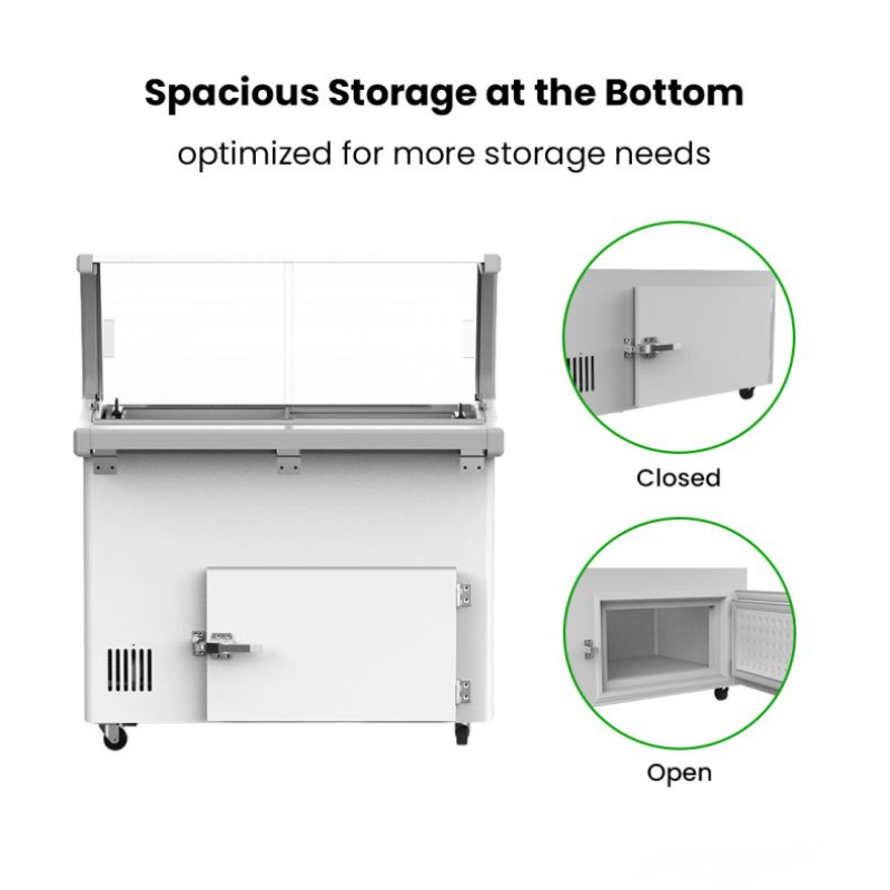 Stainless steel prep table with open and closed door views, emphasizing spacious storage at the bottom.