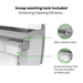 Scoop washing tank with overflow valve and cleaning efficiency text on a white background