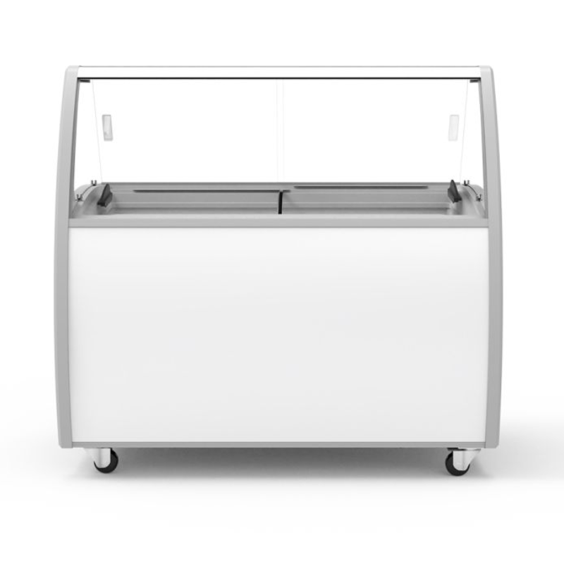 White display case with glass front on a white background