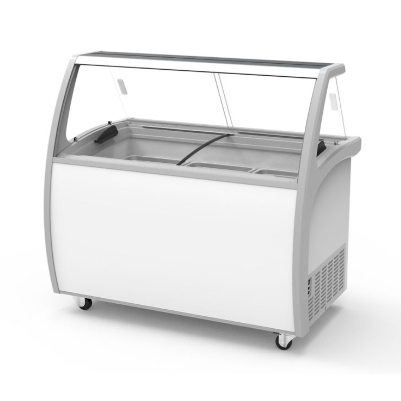 Ice cream display freezer with glass front on a white background
