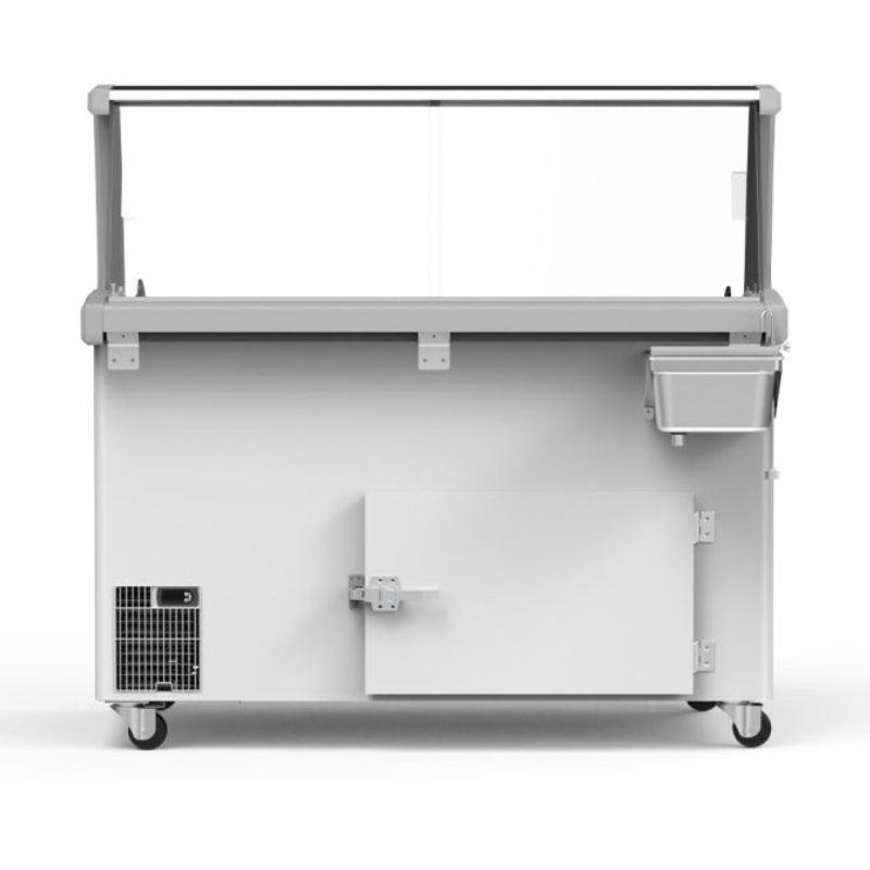 White freezer cart with a door on a white background
