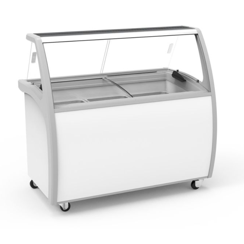 Cold display case with glass top on a white background