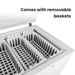 Open appliance with removable baskets and text 'Comes with removable baskets' on a white background