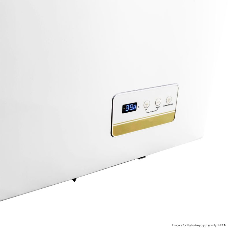 Digital display on a white appliance with gold accents
