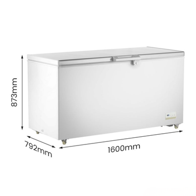 White freezer with dimensions labeled on a white background