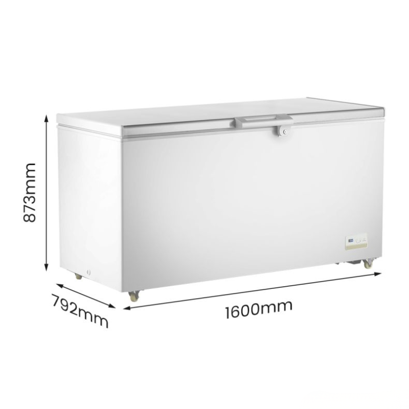 White freezer with dimensions labeled on a white background