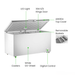 Freezer with labeled components on a white background