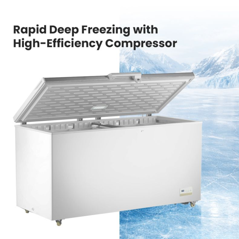 White chest freezer with open lid on a background of ice and snow, featuring text about rapid deep freezing and high-efficiency compressor.
