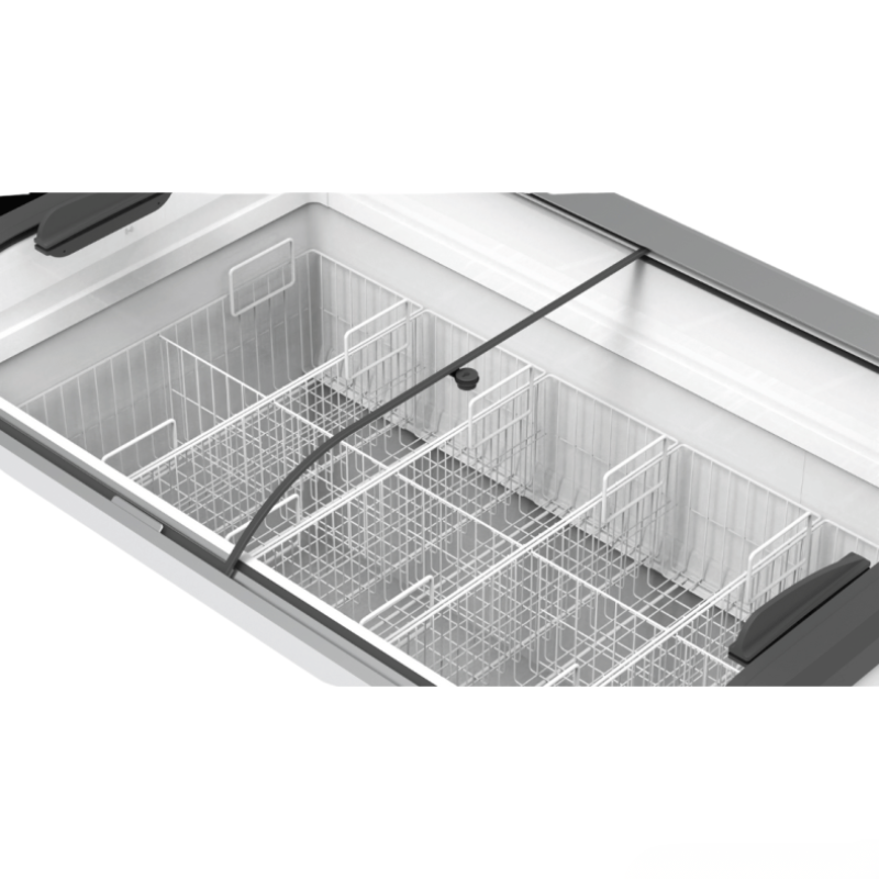 Dishwasher interior with silverware basket and racks on a white background