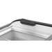 Close-up of a refrigerator door handle on a white background