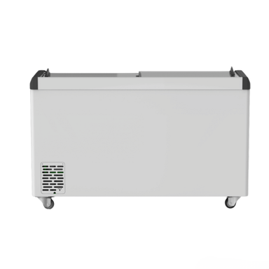 White freezer on wheels with a black top and bottom on a white background