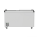 White freezer on wheels with a black top and bottom on a white background