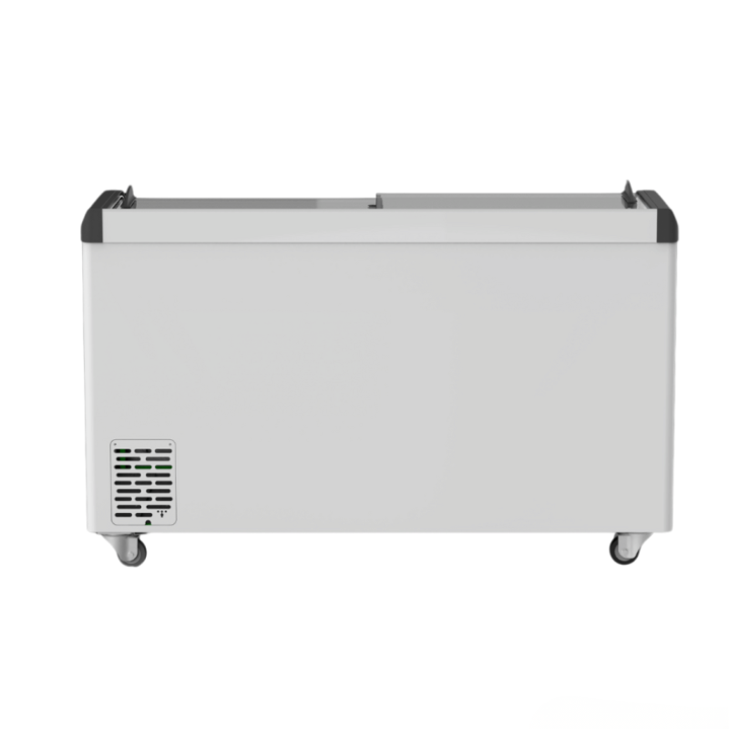 White freezer on wheels with a black top and bottom on a white background