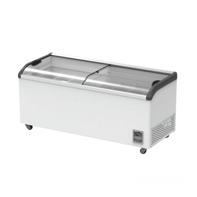White display freezer with glass front on a white background