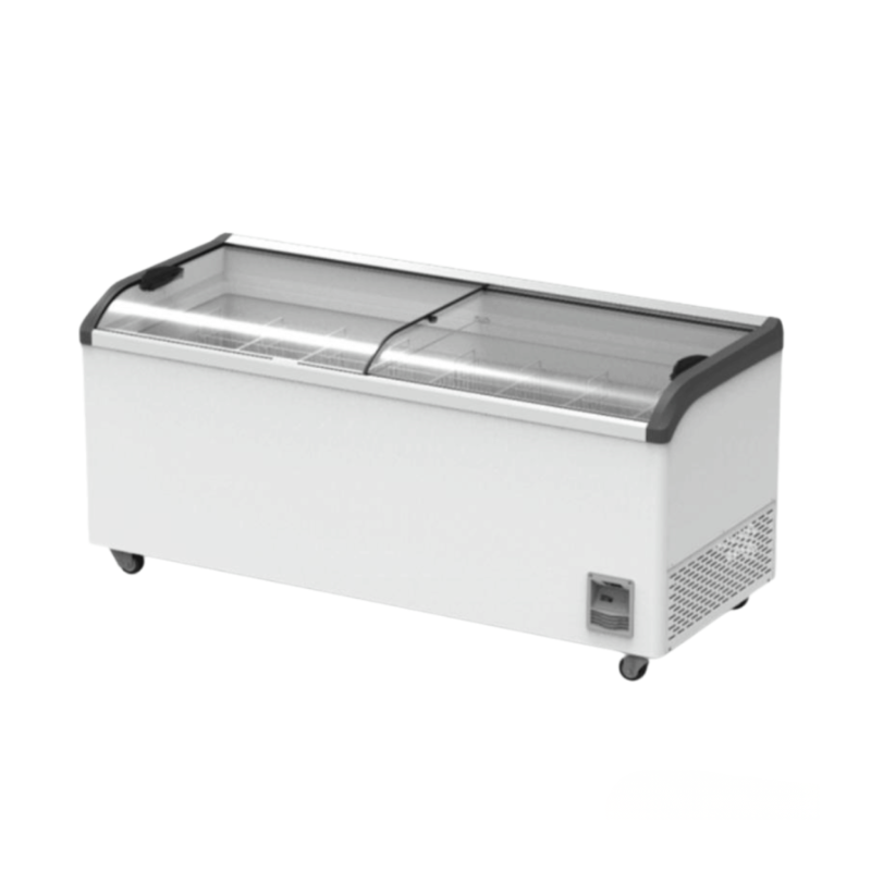 White display freezer with glass front on a white background