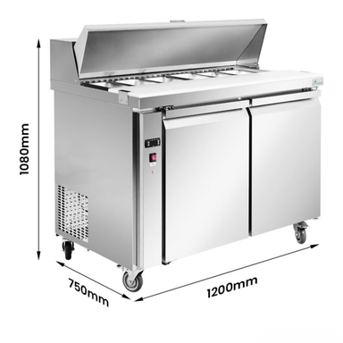 Stainless steel refrigeration unit with dimensions labeled on a white background