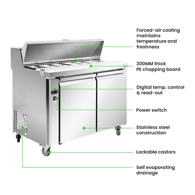 Commercial refrigerator with features highlighted on a white background