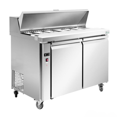 Stainless steel refrigerated counter with two doors on a white background