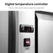 Digital temperature controller on a metallic surface with text highlighting its features.