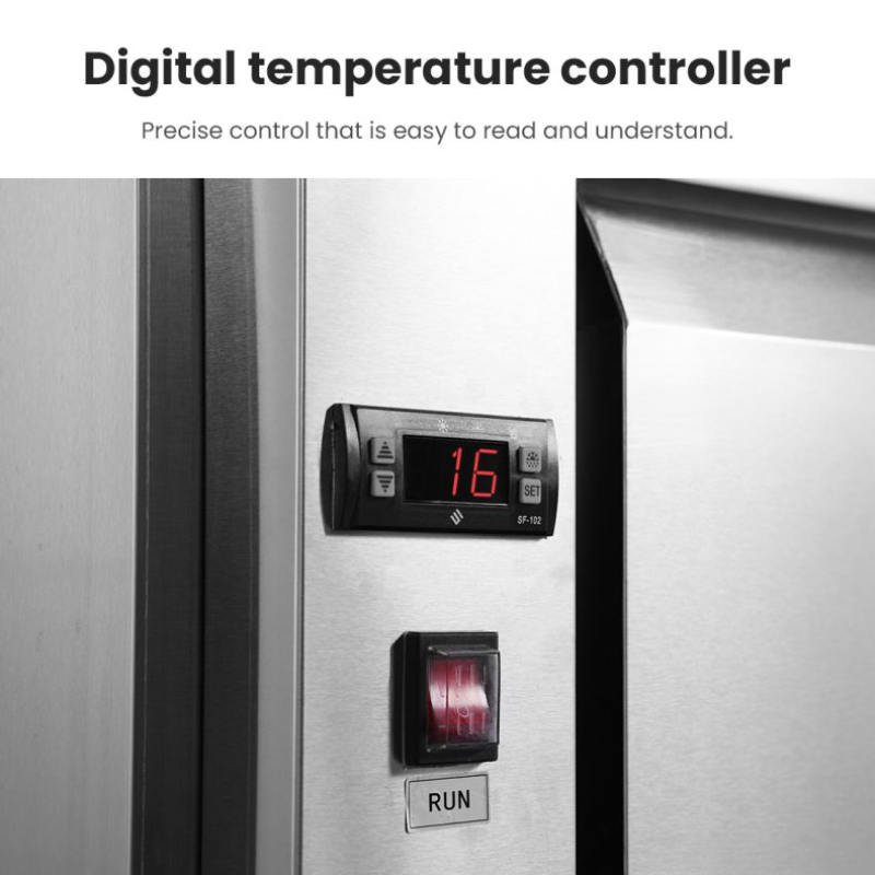 Digital temperature controller on a metallic surface with text highlighting its features.