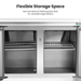 Stainless steel storage unit with open doors showing flexible storage space.