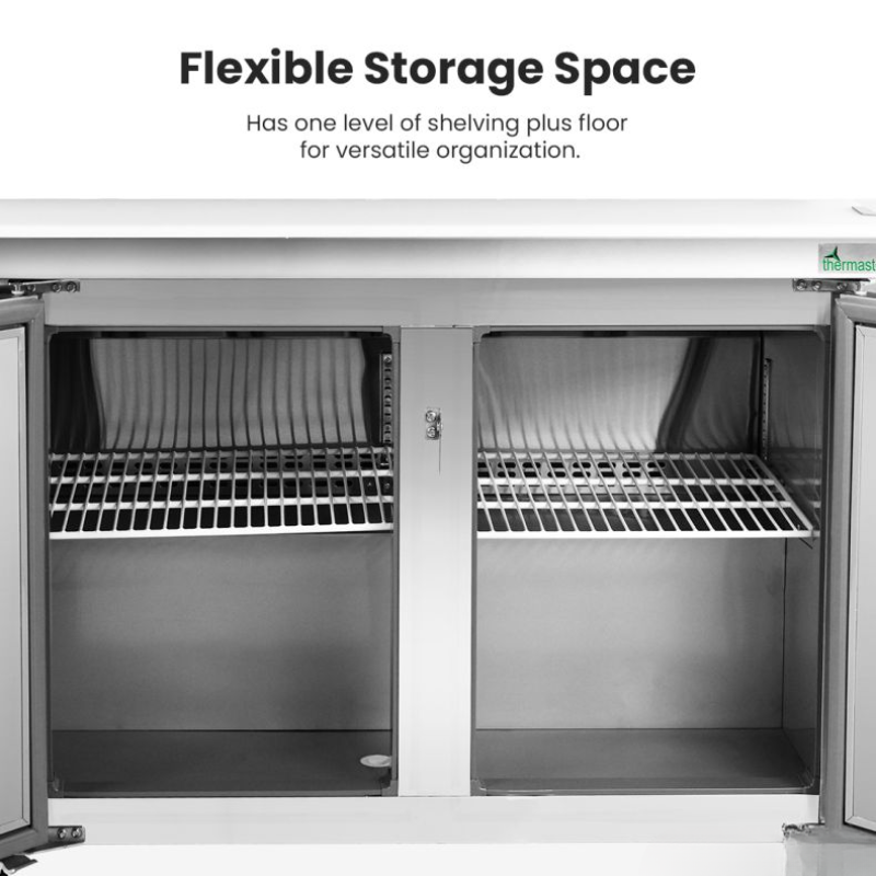 Stainless steel storage unit with open doors showing flexible storage space.