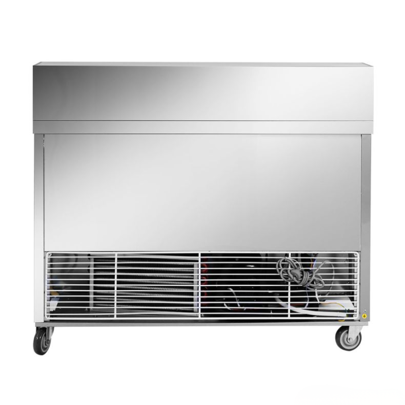 Stainless steel freezer on wheels with a white background
