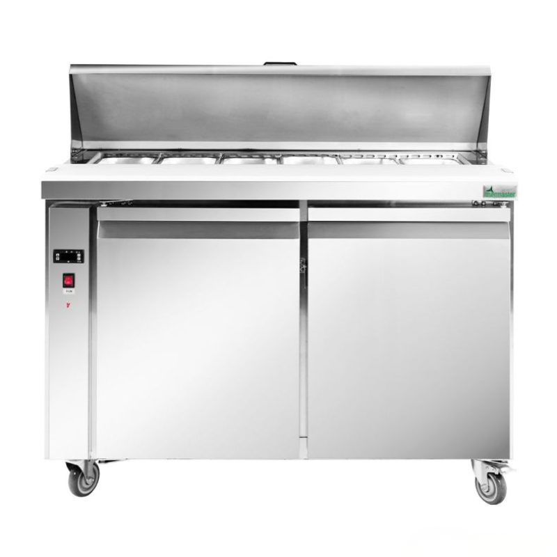 Stainless steel prep table with two doors on a white background