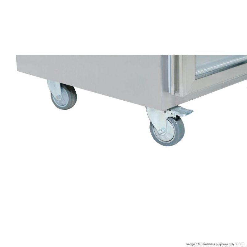 Stainless steel cart with wheels on a white background