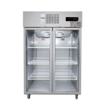 Commercial refrigerator with glass doors on a white background