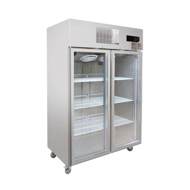 Commercial refrigerator with glass doors on a white background