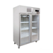 Commercial refrigerator with glass doors on a white background