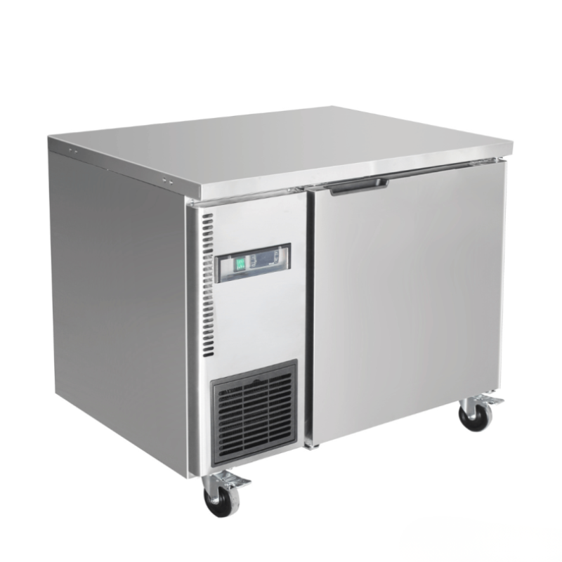 Stainless steel refrigerator on wheels with a white background