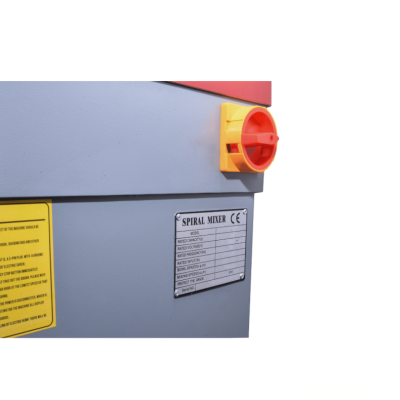 Spiral mixer with a red handle and warning label on a white background