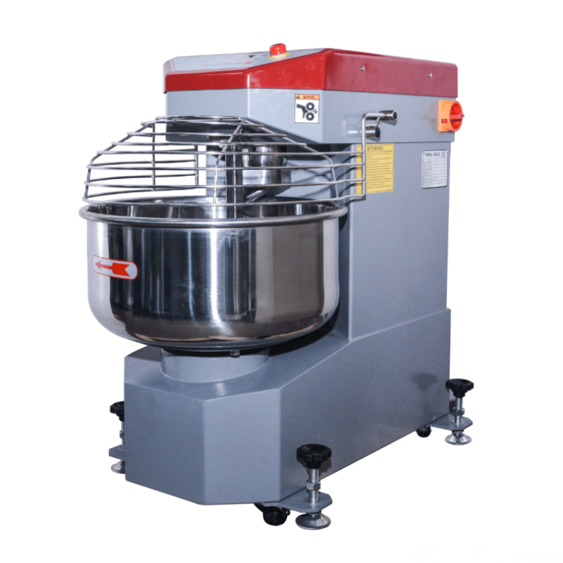 Bread dough mixer with a large metal bowl on a white background