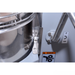 Close-up of a kitchen mixer with a warning label on a white background